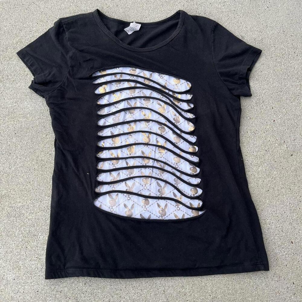 2000s y2k white and gold black playboy shirt with cut slit details